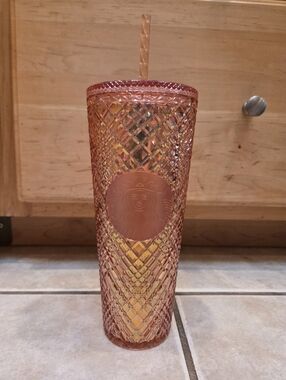 Starbucks Pink Rose Gold Textured Cold Cup with Straw